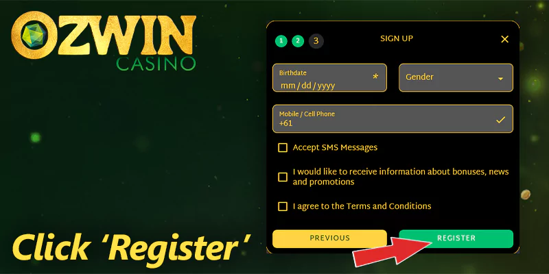 Sign up form at Ozwin casino - click "Registration" button to complete the registration process