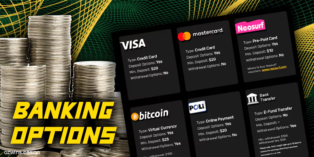 Ozwin Casino Banking Options: visa, mastercard, neosurf, bitcoin, bank transfer