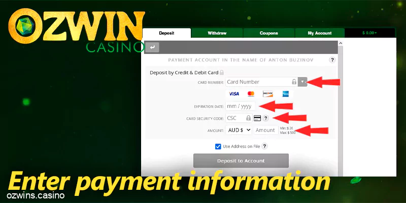 Input the necessary payment information at Ozwin casino