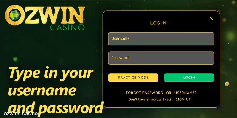 Log in form at Ozwin casino: enter your username and password