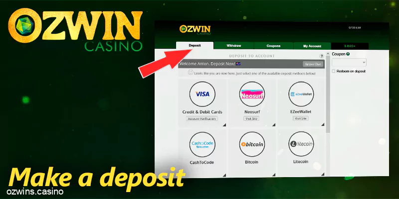 Make a deposit at Ozwin casino