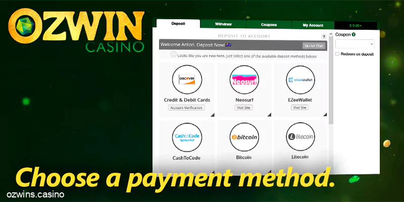 payment methods at Ozwin casino