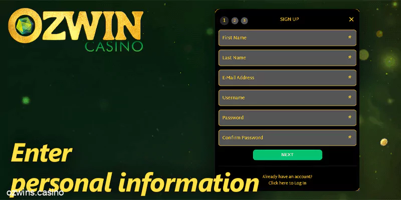 Register form at Ozwin casino - enter First name, Last name, Email, Username, and Password