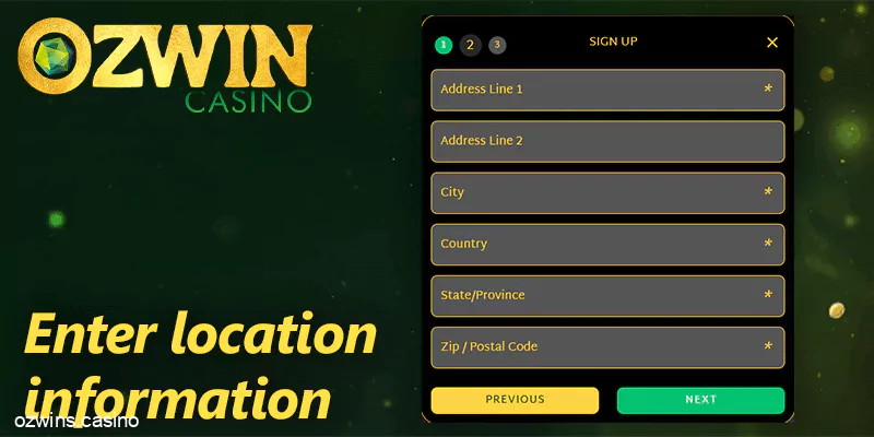 Register form at Ozwin casino - enter your address, City, Country, State, and Zip Code