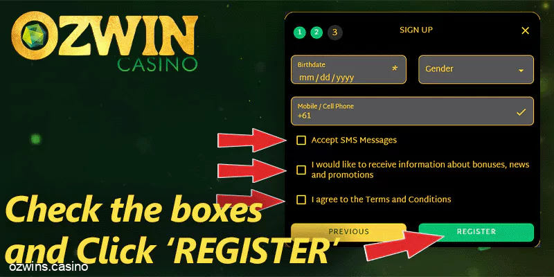 Register form at Ozwin casino - check the boxes and click 'Register'